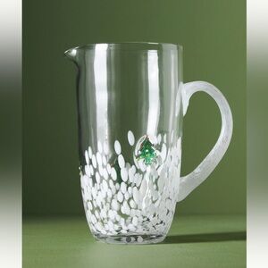 Anthropologie FESTIVE Tree Icon Glass Pitcher White Snowy Hand Blown Beaded NWT